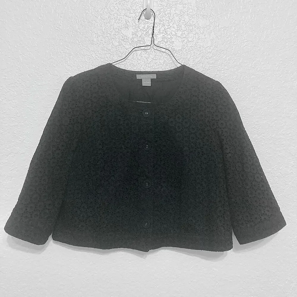 Ann Taylor Women's L Black Eyelet Embroidered Cropped Jacket Button Front Boxy